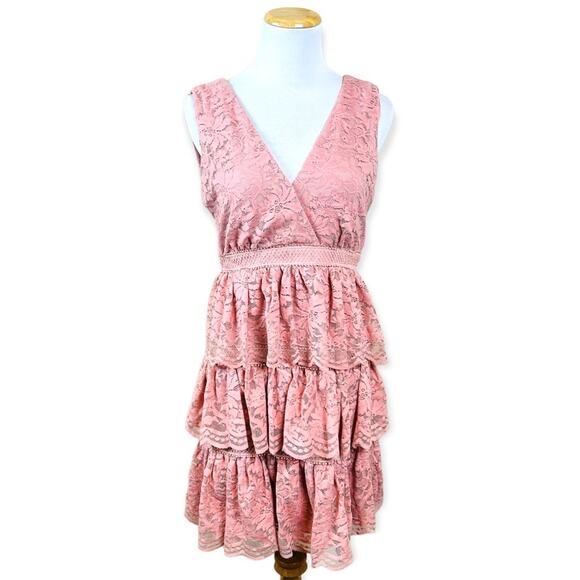 BARDOT Dusty Pink Lace Romantic Tiered Ruffle Mini Dress Cocktail Wedding SMALL - Picture 3 of 10